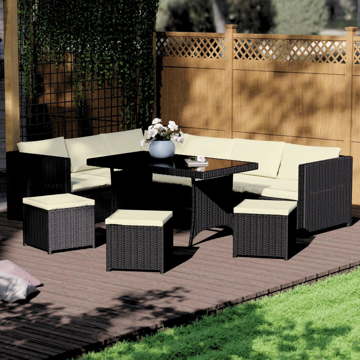 6-Piece Outdoor Wicker Patio Dining Set – Black/Cream