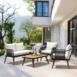 4-Piece Outdoor Rope Patio Furniture Set with Wood-Top Table