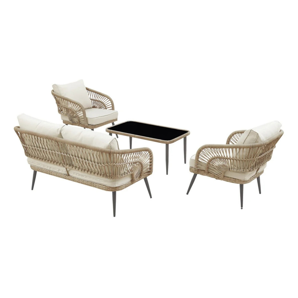 Outdoor Rope 4-Piece Patio Sofa Set with Glass Top Table (Beige/Cream)