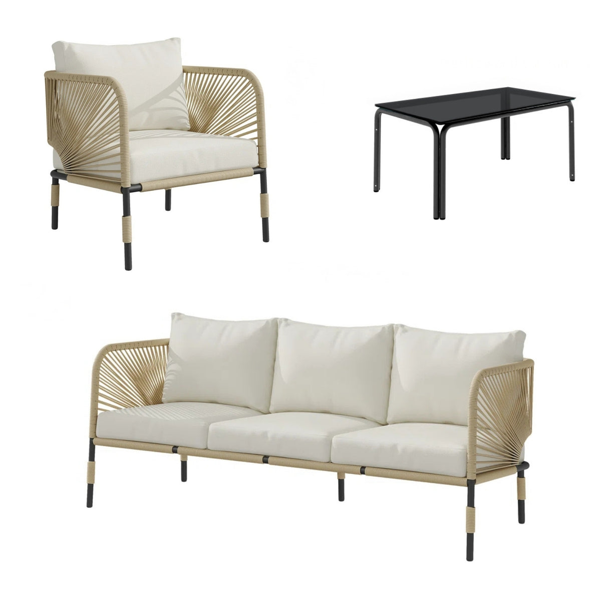 Outdoor Rope 5-Seater Sofa Set With Glass Top Table