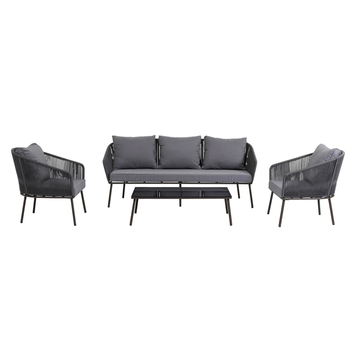 Outdoor Rope 5-Seater Patio Sofa Set with Glass Top Table (Grey)
