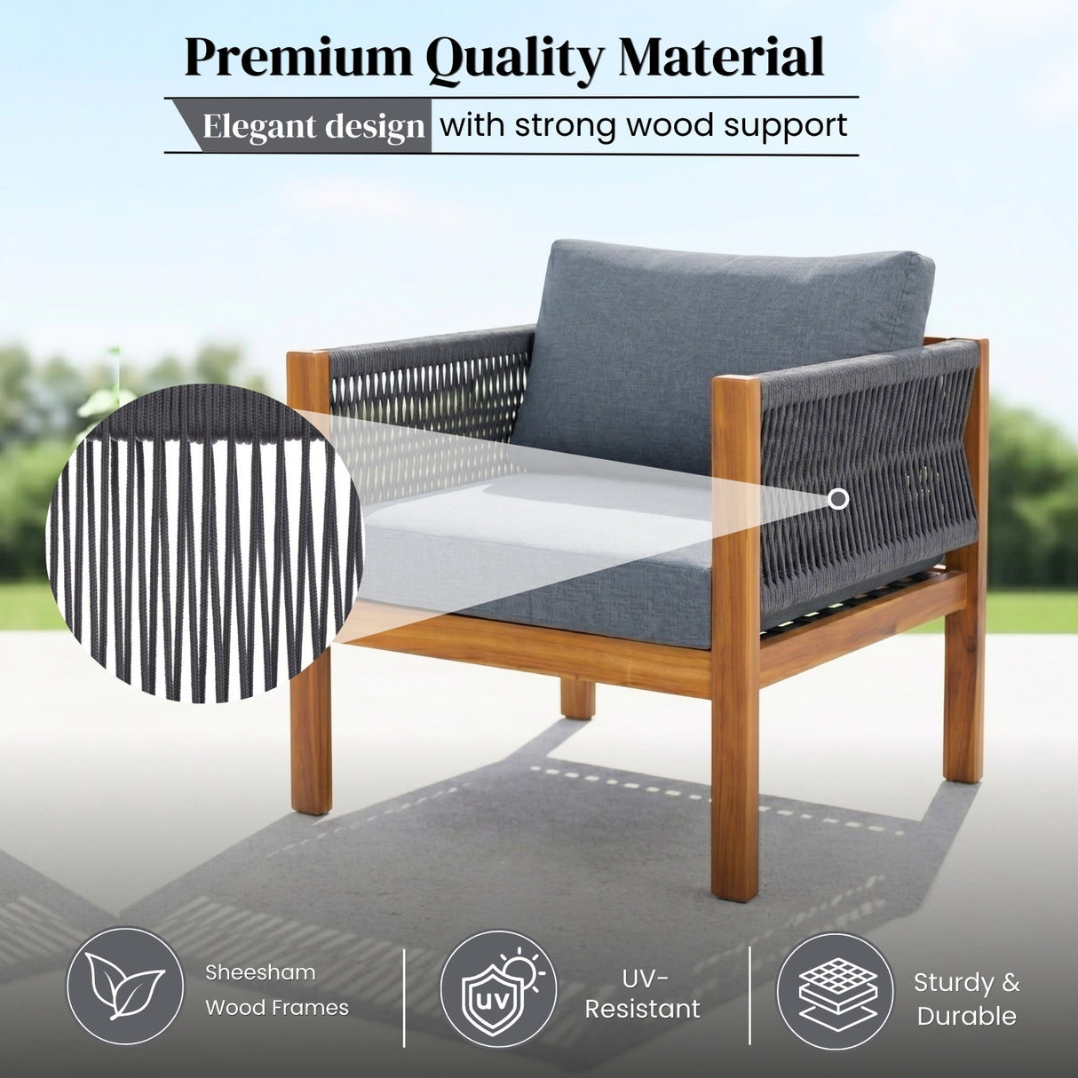 Outdoor Rope Sofa Set with Sheesham Wood Frame (Grey)