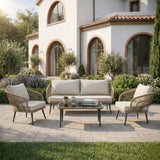 Outdoor Rope 4-Piece Patio Sofa Set with Glass Top Table (Beige/Cream)