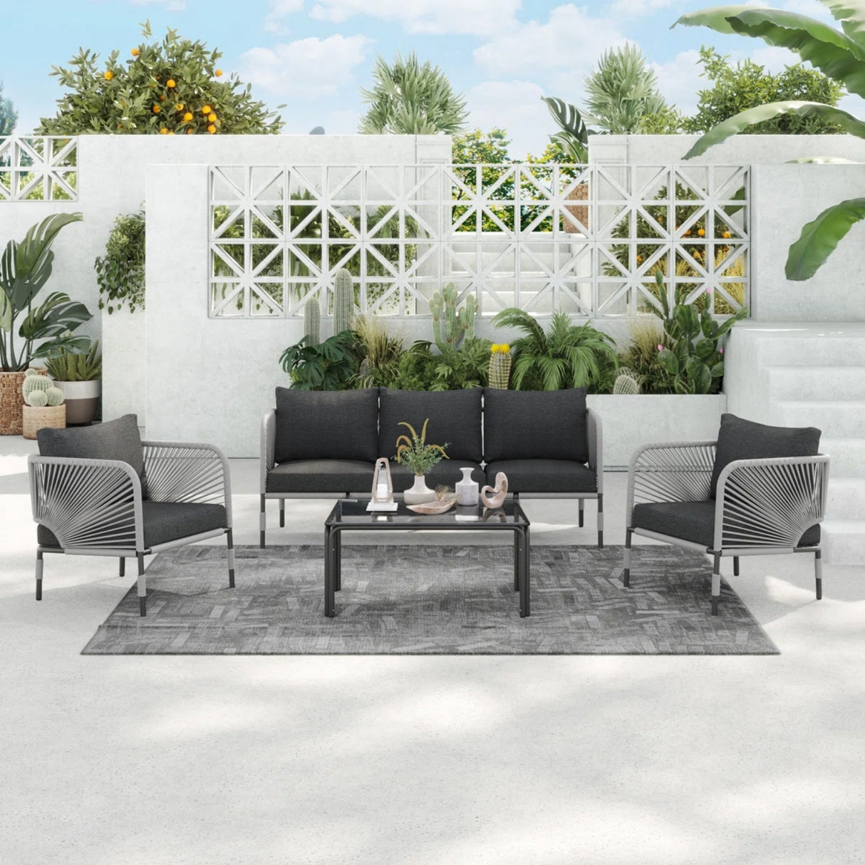 Outdoor Rope 5-Seater Sofa Set With Glass Top Table