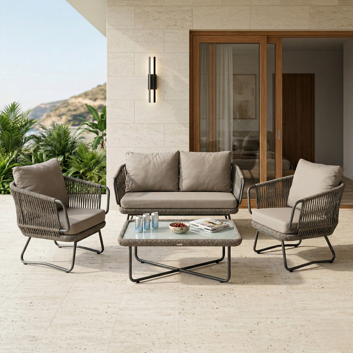 4-Piece Rope Sofa Set With Glass Top Table