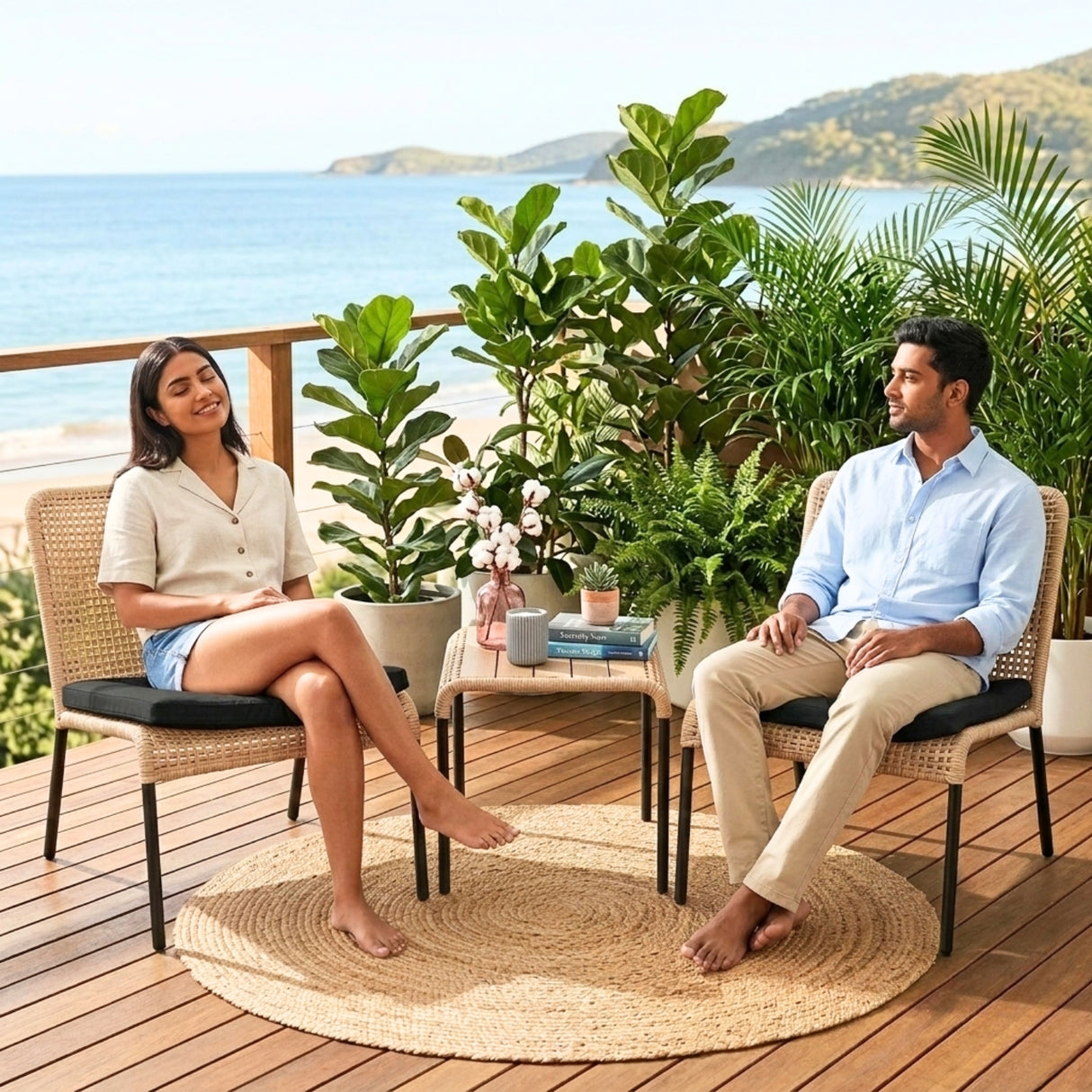 Outdoor Wicker 3-Piece Patio Furniture Set with Wooden Top Table