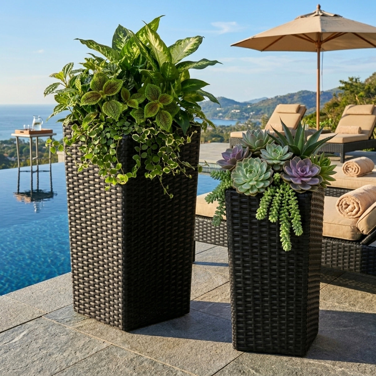2-Piece Outdoor Rattan Wicker Tall Square Planters (Black)