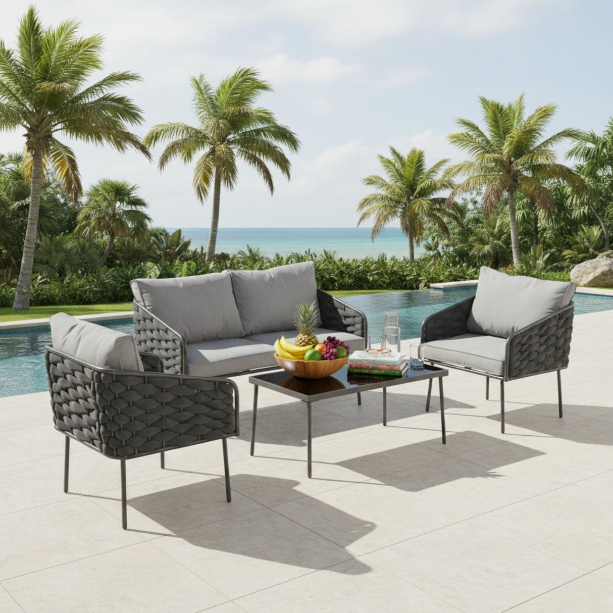Outdoor Rope Sofa Set With Glass Top Table