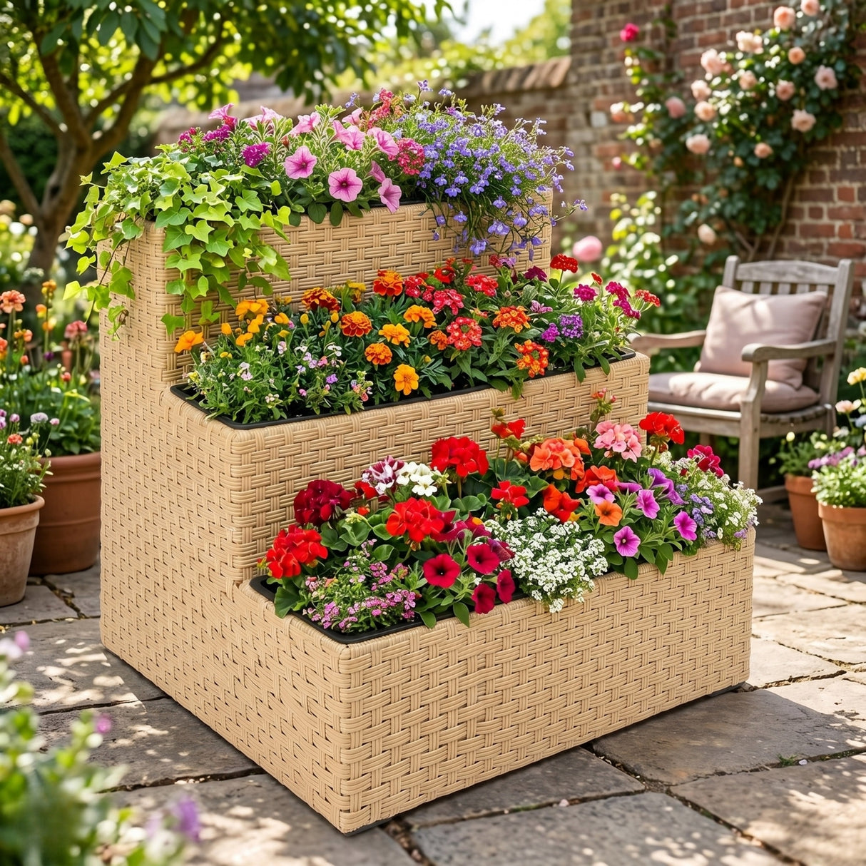 Outdoor 3-Tier Wicker Raised Planter Stand (Beige)