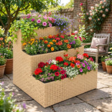 Outdoor 3-Tier Wicker Raised Planter Stand (Beige)