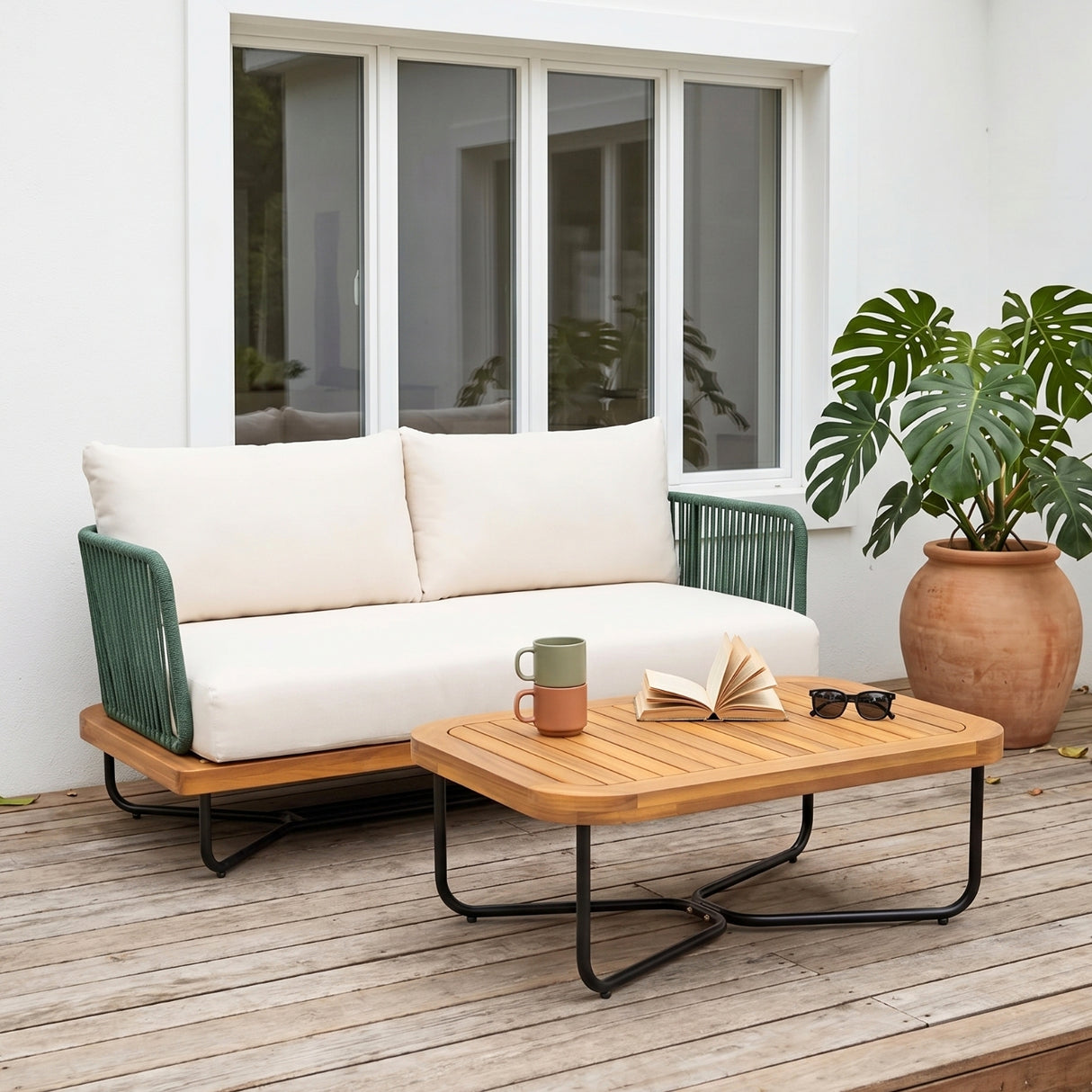 Outdoor Rope 2-Seater Sofa Set with Wooden Base & Slatted Wooden Coffee Table