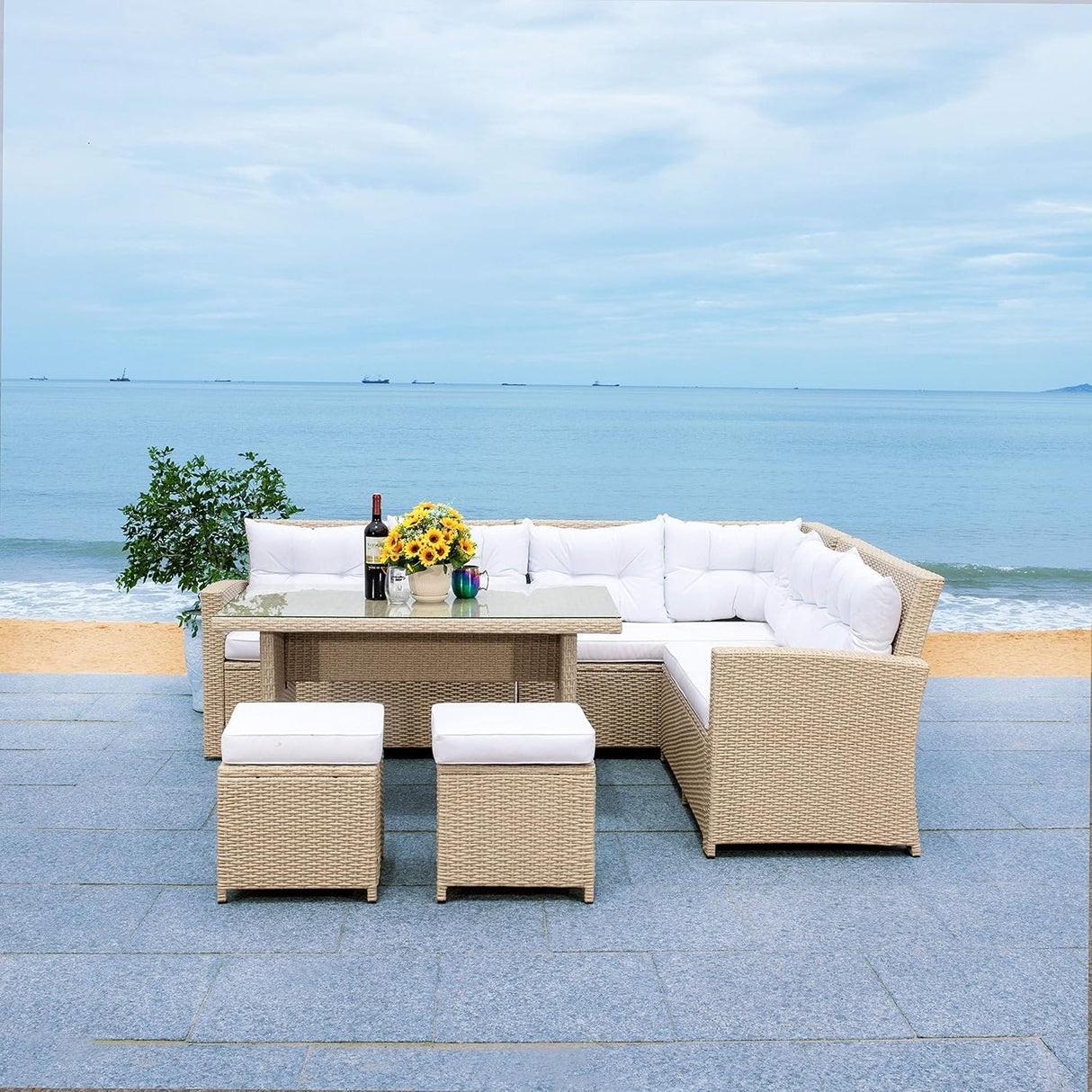 5-Piece Wicker Patio Conversation Set (Beige/White)