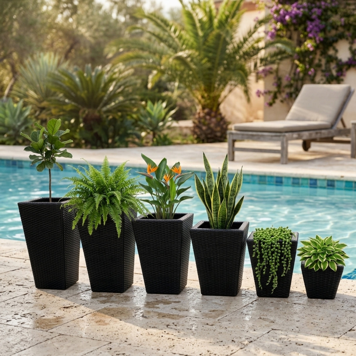 Tall Tapered Set of 6  Outdoor Wicker Planter (Black)