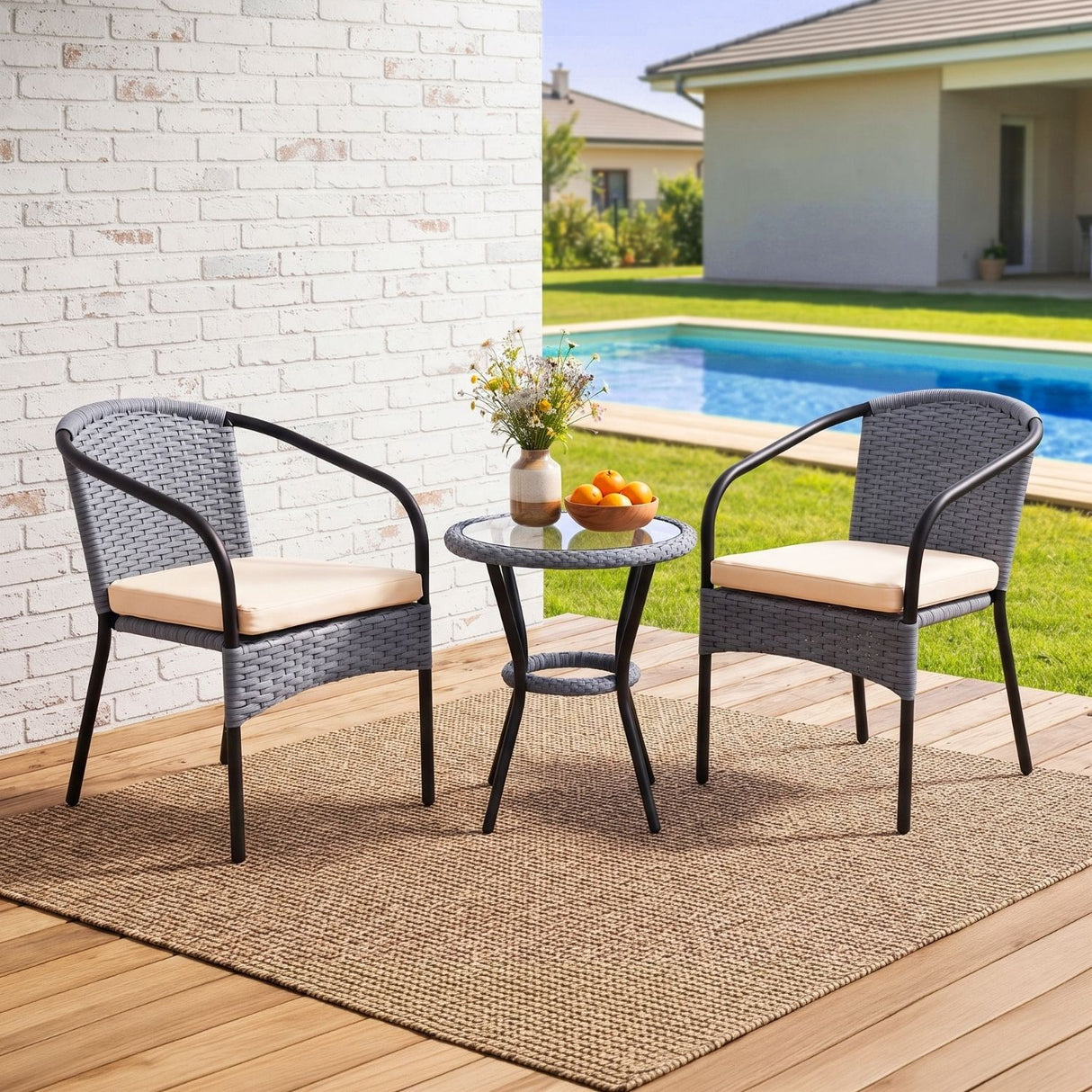 3 Piece Outdoor Wicker Patio Furniture Set (Silver & Cream)