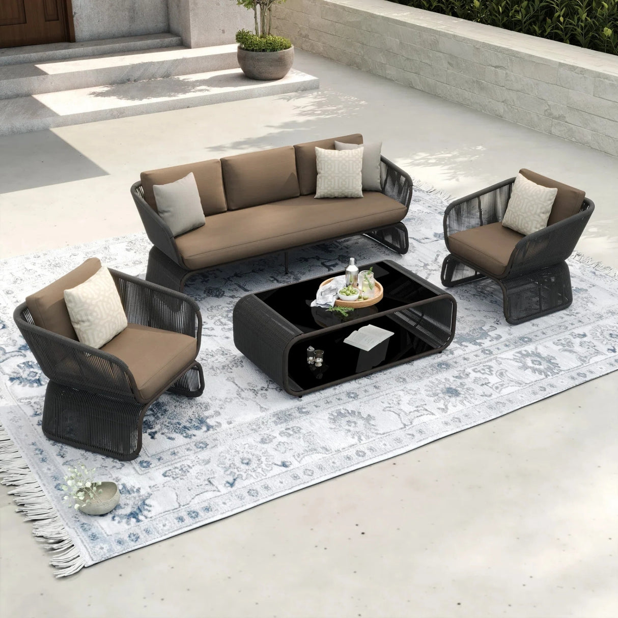 Outdoor Braided Rope Sofa Set With 2-Tier Glass Top Table