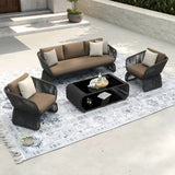 Outdoor Braided Rope Sofa Set With 2-Tier Glass Top Table