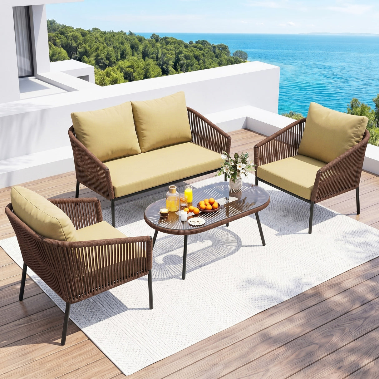 Outdoor 4 Seater Rope Conversation Sofa Set (Brown & Cream)