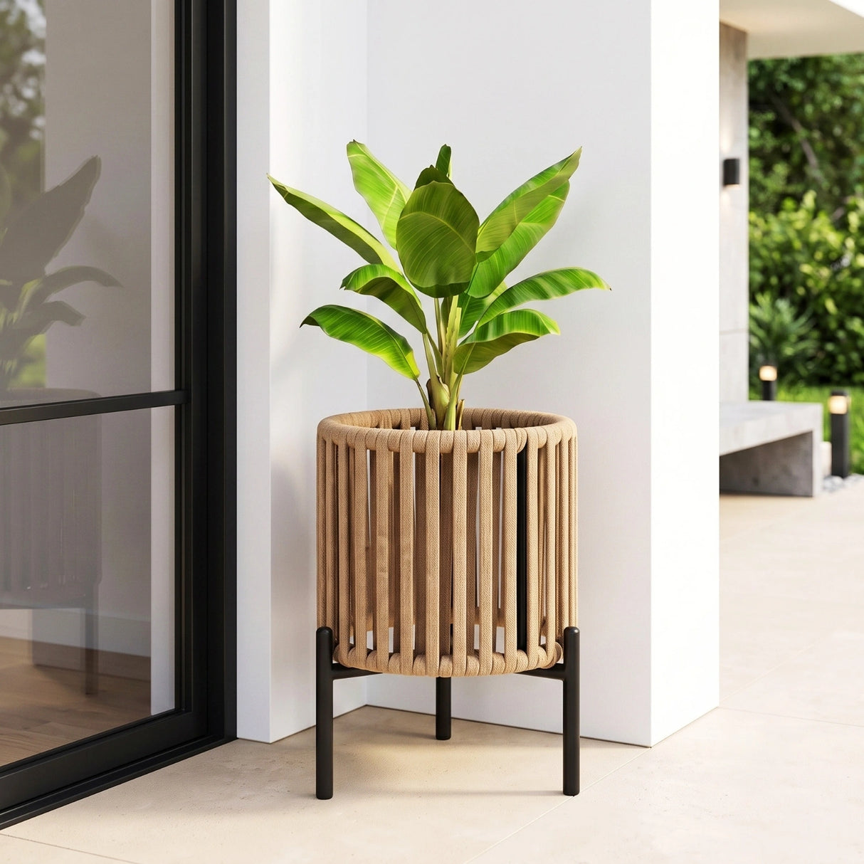 Outdoor Rope Planter with Metal Stand (Beige)