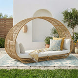 Outdoor Rattan Wicker Daybed with Oval-Shaped Canopy Frame (Beige & Off-White)