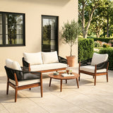Outdoor Rope Sofa Set with  Round Slatted Coffee Table (Black & Off-White)