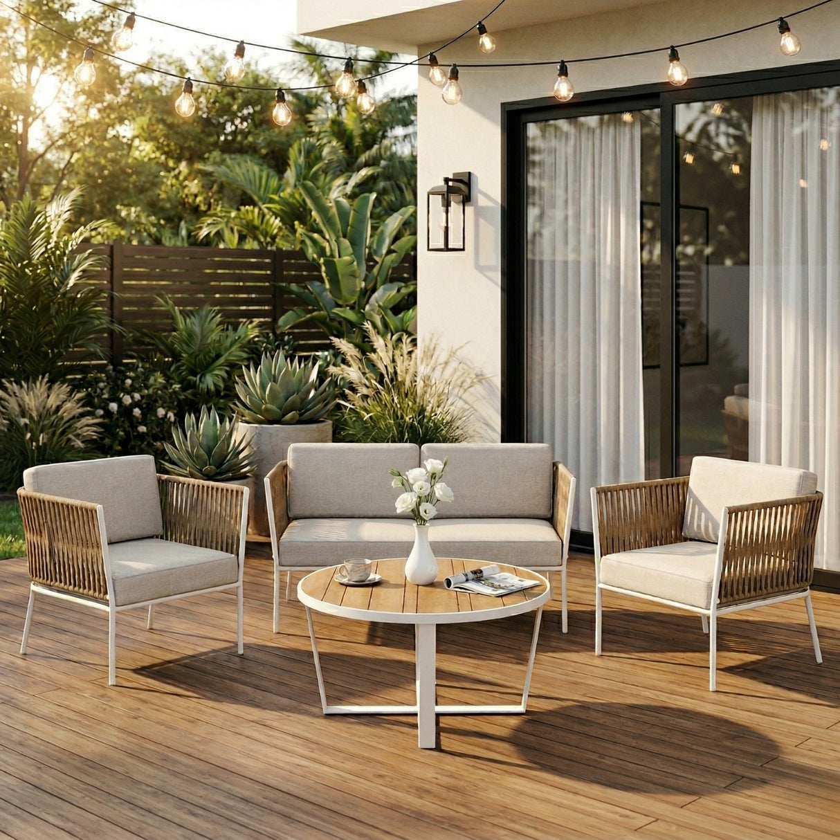 Outdoor Rope 4-Piece Sofa Set with Wooden Top Round Table