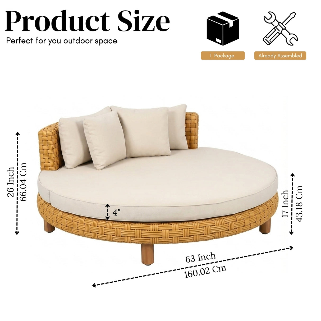 Outdoor All-Weather Rattan Wicker Round Daybed (Beige & Off-White)