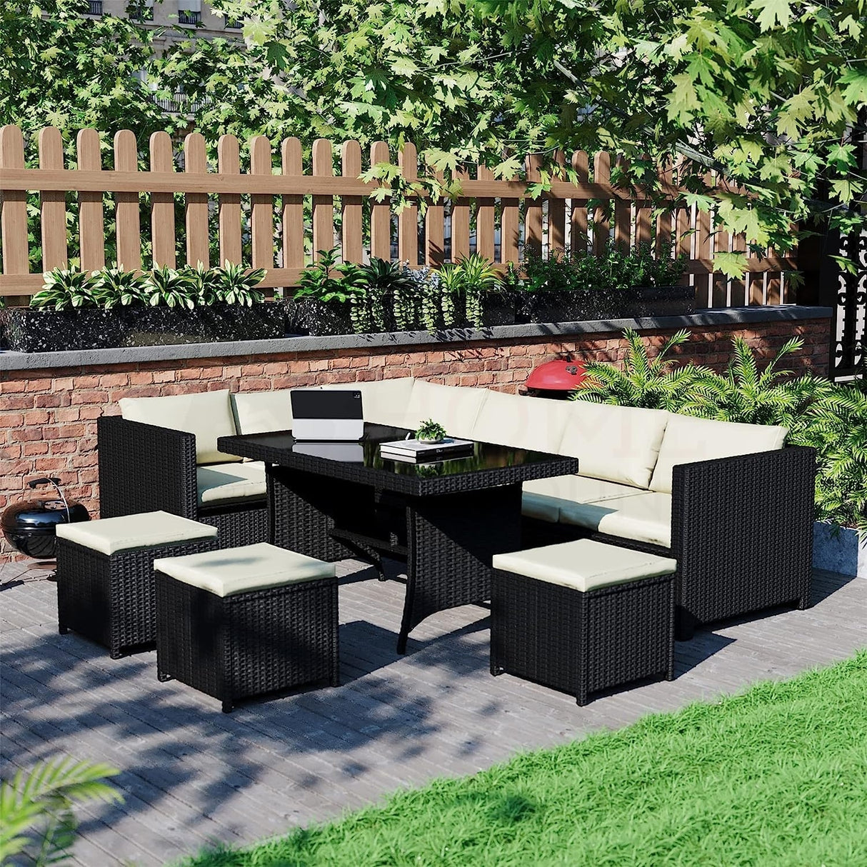 6-Piece Outdoor Wicker Patio Dining Set – Black/Cream