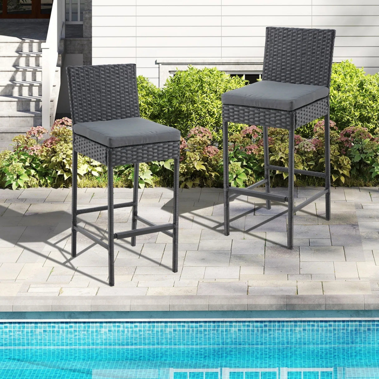 Outdoor Rattan Wicker Bar Chairs Set of 2
