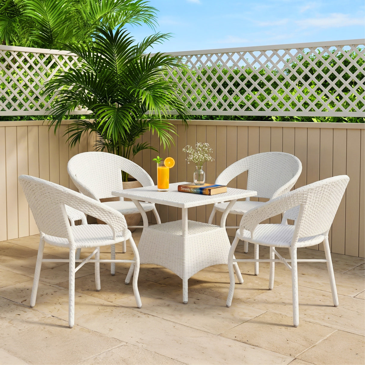 Outdoor Rattan Wicker 5-Piece Patio Furniture Set (White)
