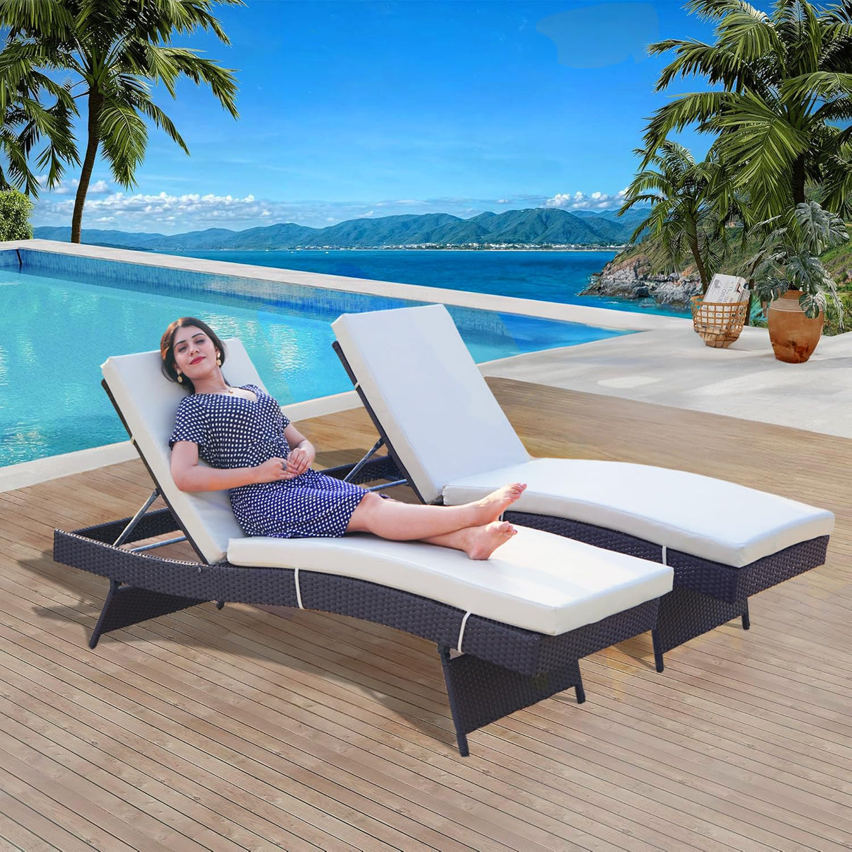All-Weather HDPE Wicker Outdoor Chaise Lounge Chair Set of 2