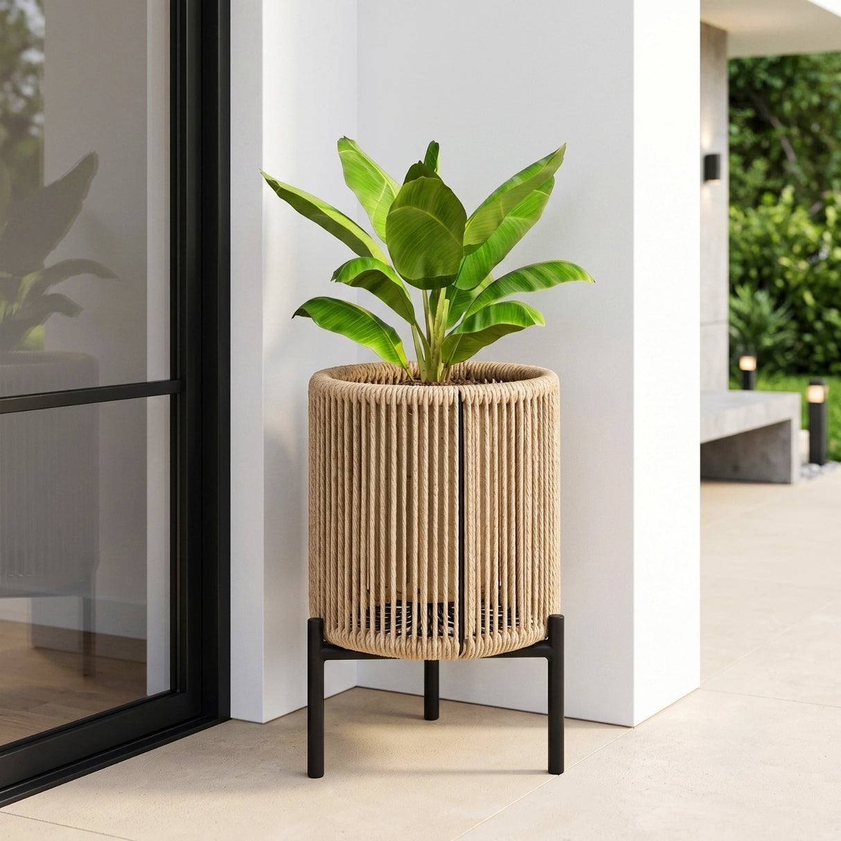 Outdoor Rope Planter with Metal Stand (Beige)