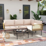 L-Shaped Rope Woven Outdoor Sofa Set (Beige & Cream)