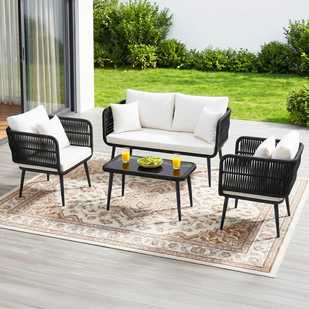 Outdoor Rope 4 Seater Conversation Furniture Set (Black & White)