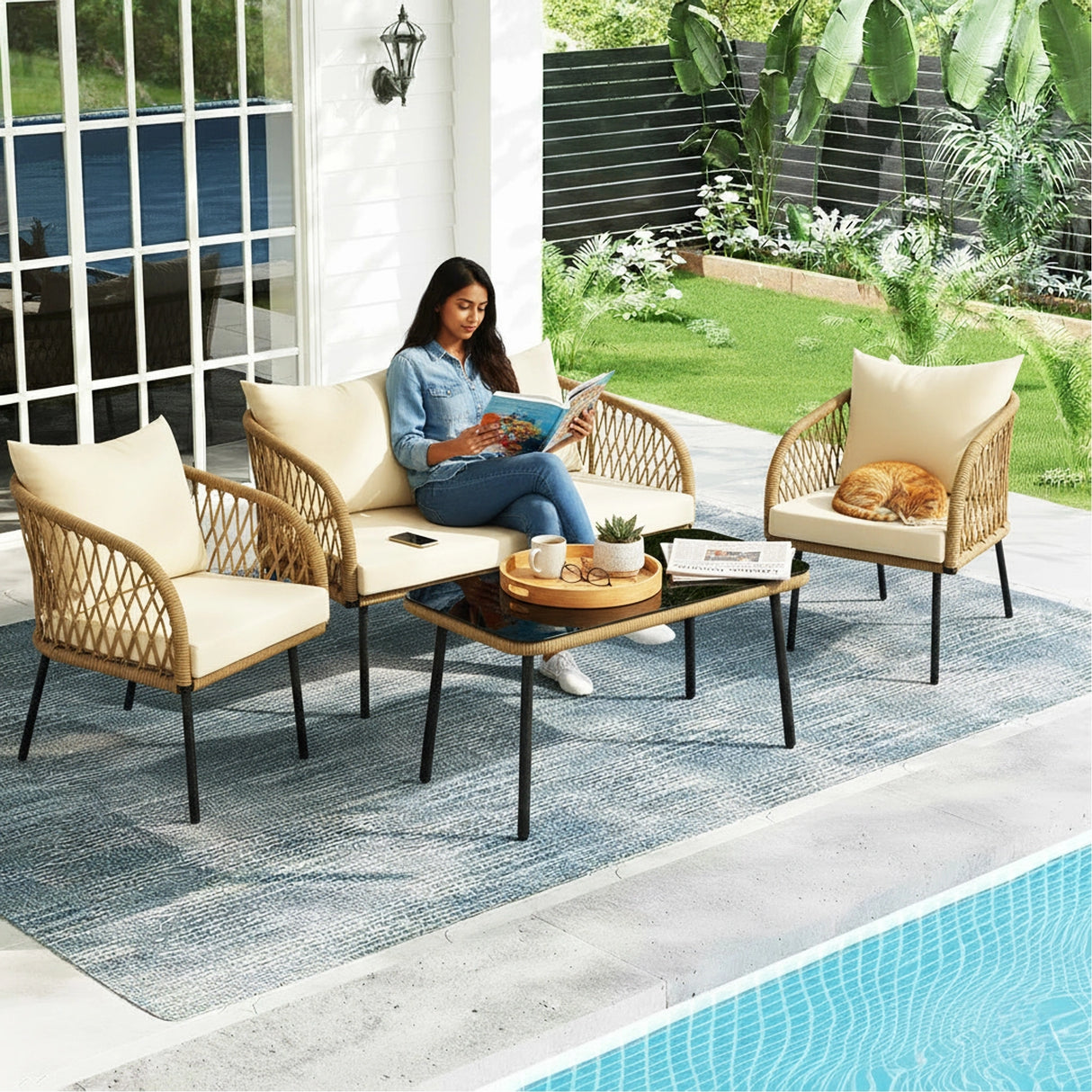 Outdoor Rope 4-Seater Sofa Set with Glass Top Table (Beige & Cream)