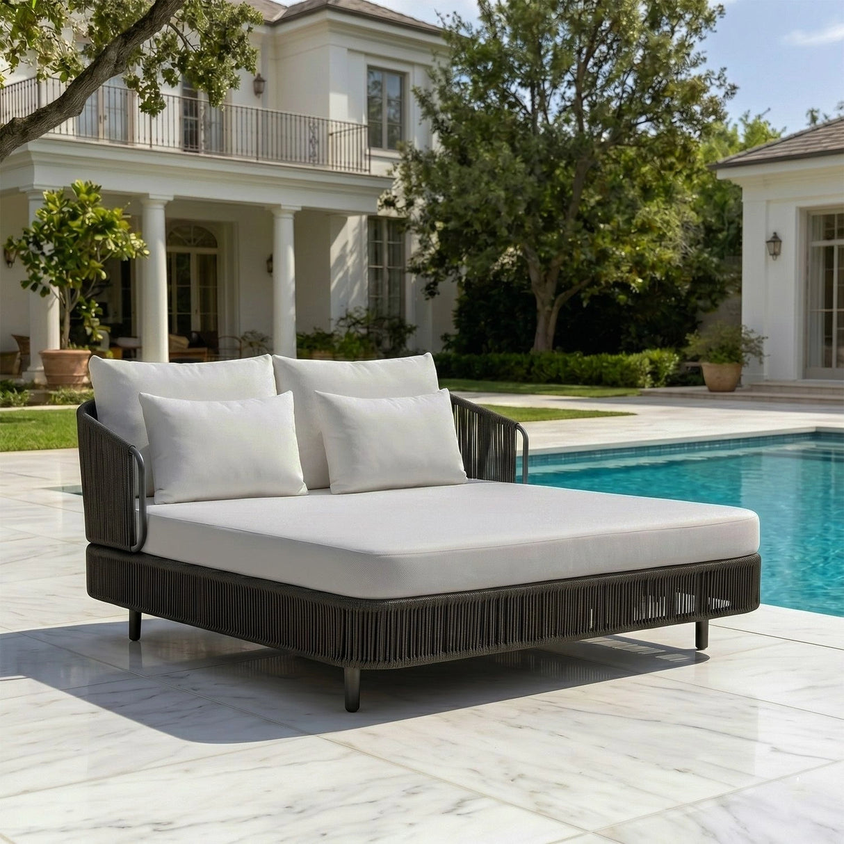 Outdoor Grey Rope Patio Daybed with Comfortable White Cushion