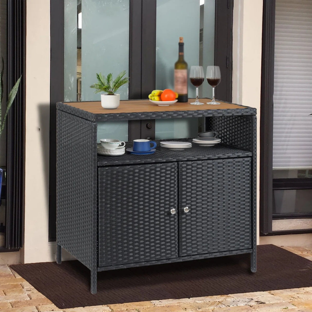 Outdoor Rattan Wicker Bar Table With Wooden Top