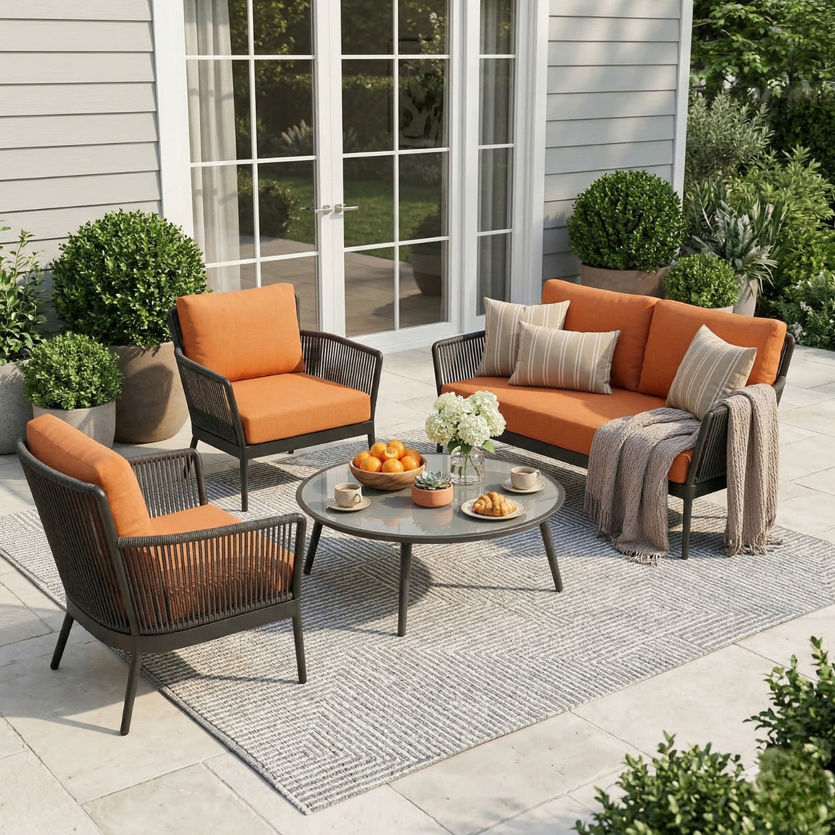 4-Piece Outdoor Rope Patio Furniture Set with Glass Top Table (Grey & Orange)
