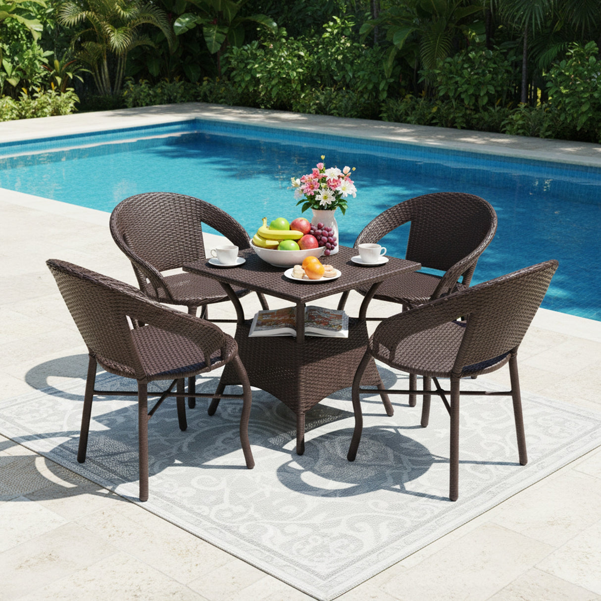 Outdoor Rattan Wicker 5-Piece Patio Furniture Set (Dark Brown)
