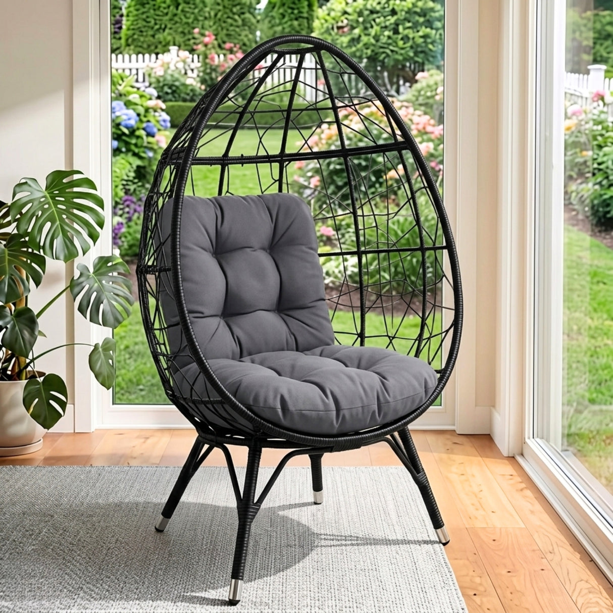 Outdoor Black Rattan Lounge Accent Egg Chair