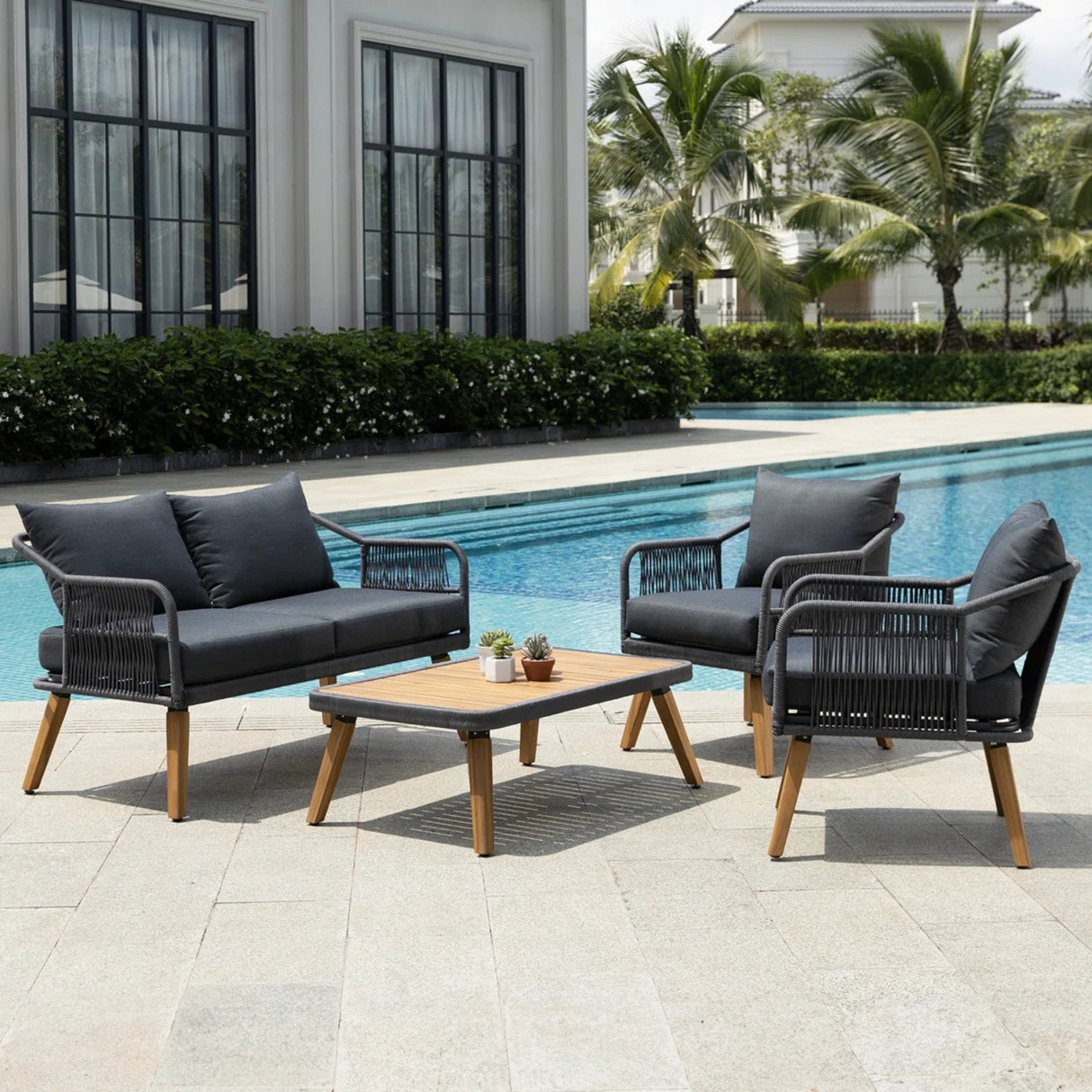 4-Piece Outdoor Rope Patio Furniture Set with Wood-Top Table