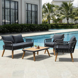 4-Piece Outdoor Rope Patio Furniture Set with Wood-Top Table