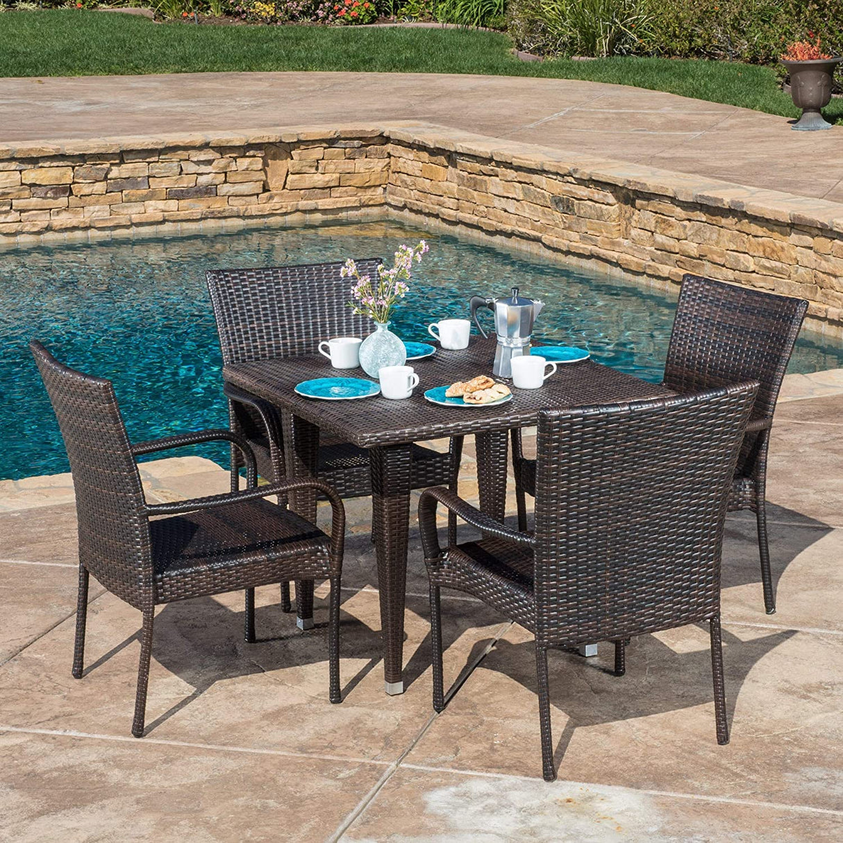Outdoor All-Weather Resistant Rattan Wicker 5-Piece Dining Set (Dark Brown)