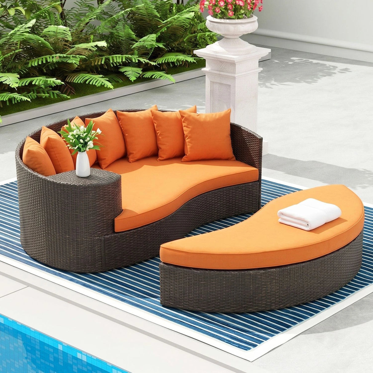 Outdoor Rattan Wicker Daybed (Dark Brown & Orange)