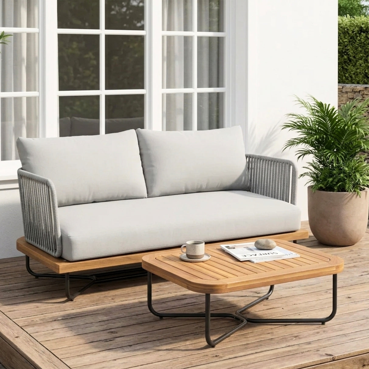 Outdoor Rope 2-Seater Sofa Set with Wooden Base & Slatted Wooden Coffee Table