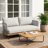 Outdoor Rope 2-Seater Sofa Set with Wooden Base & Slatted Wooden Coffee Table
