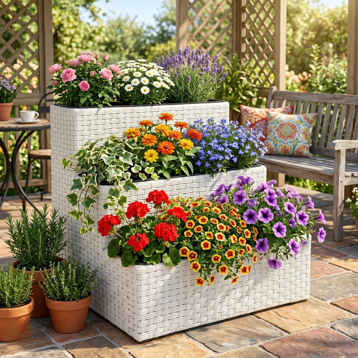 Outdoor 3-Tier Wicker Raised Planter Stand (White)