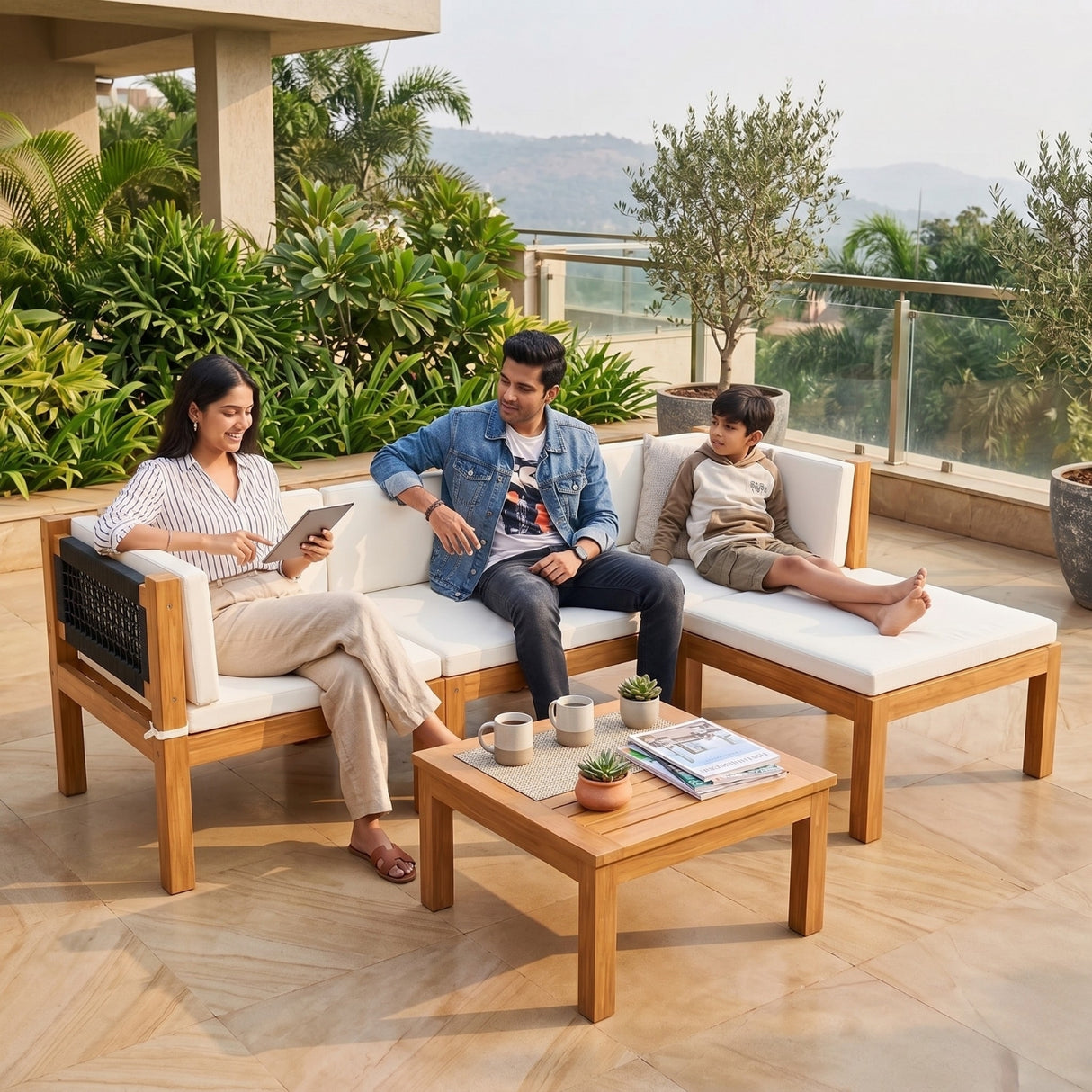 Outdoor Teak Wood & Rope L-Shape Sofa Set (Black & White)