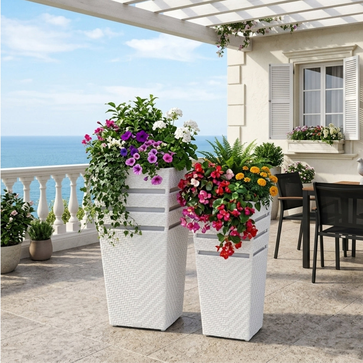 Outdoor Tall Square Rattan Planter Set of 2 (White)