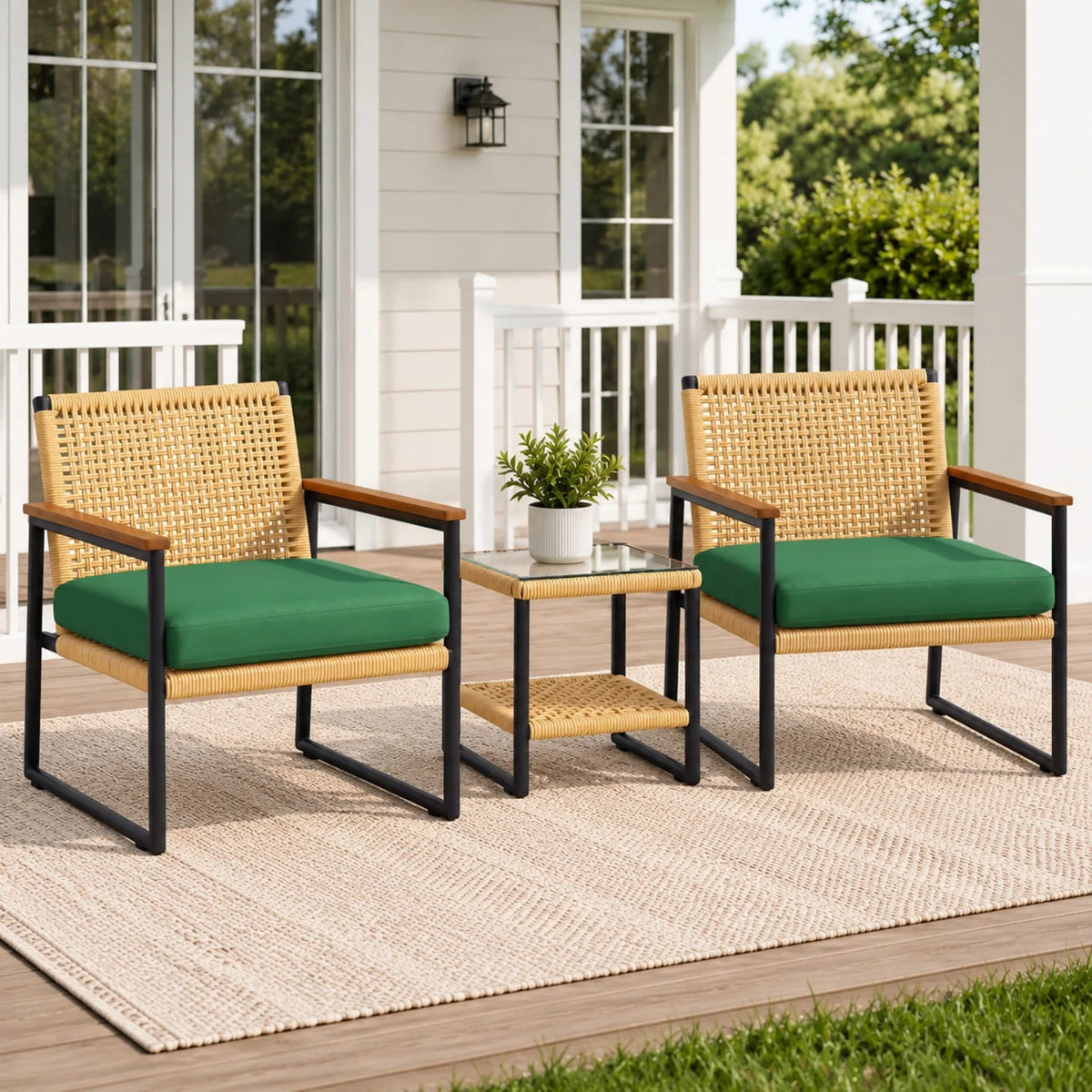 Outdoor 3-Piece Wicker Patio Set(Beige & Green)