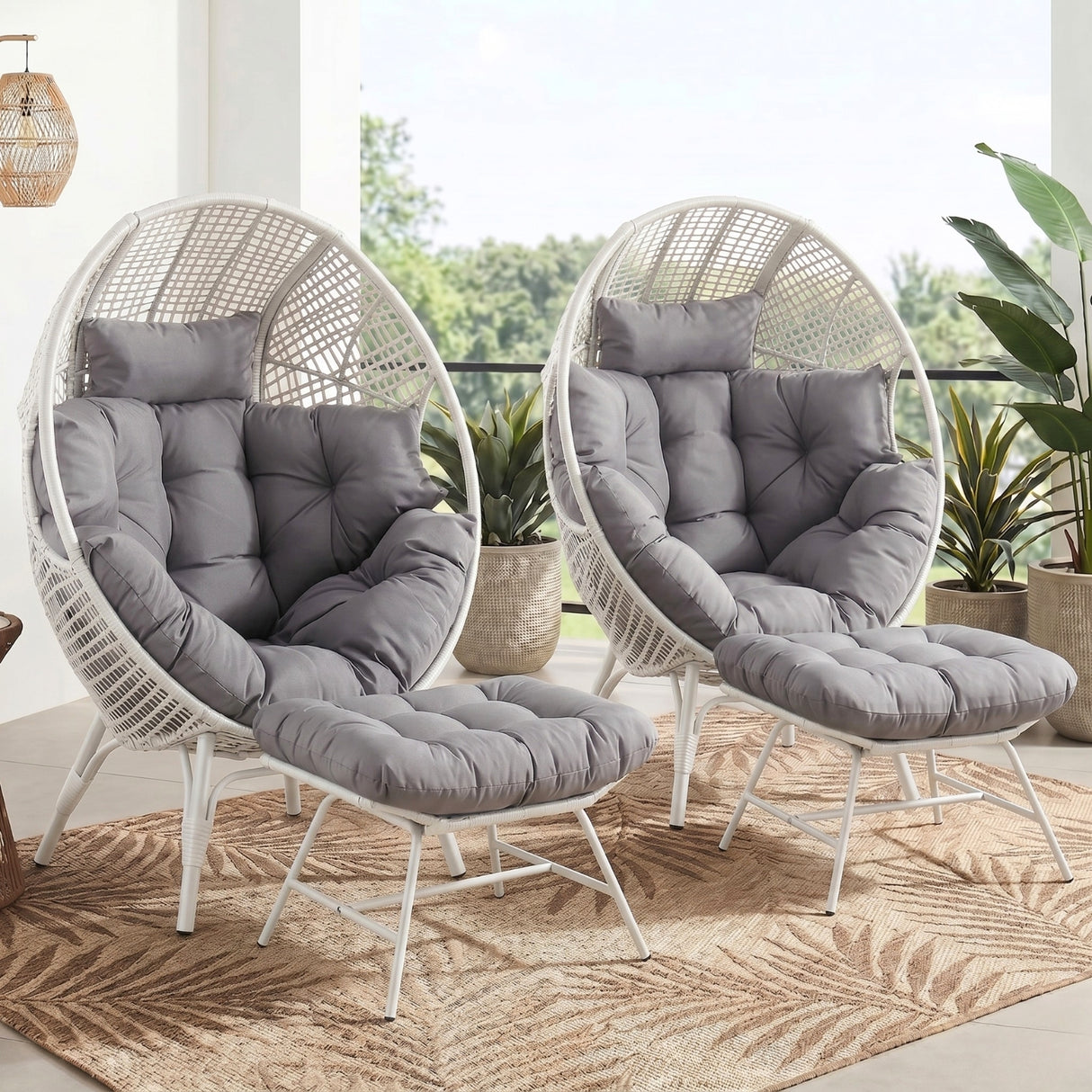 4-Piece Outdoor Wicker Egg Chair Set with Ottomans (White & Grey)